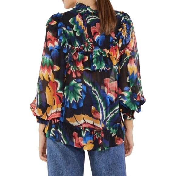 Farm Rio Chevron Forest Black Blouse Size Small Boho Festival Floral Statement - Picture 3 of 12